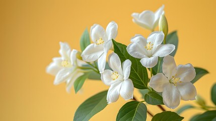 Fototapeta premium White jasmine flowers with green leaves, pale yellow background, delicate floral arrangement, top border composition, soft focus, fresh spring blossoms.