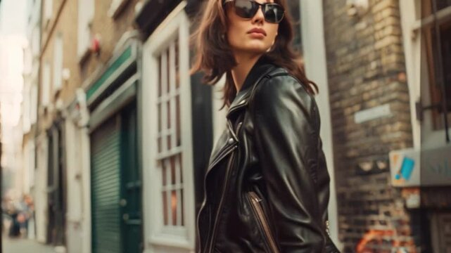 A classic black leather jacket meticulously crafted, worn by a model with a confident attitude, reflecting boldness and power
