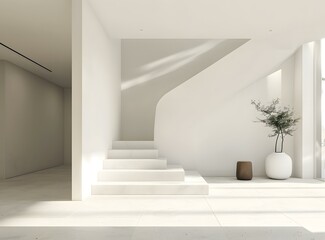 Modern Minimalist Interior Design with White Stairs and Greenery