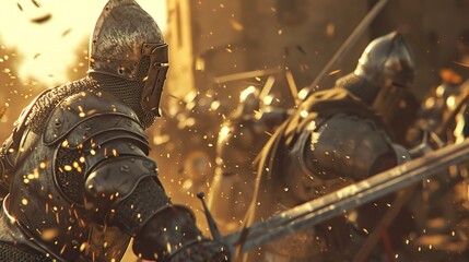 Epic medieval battle scene with armored knights, intense combat, and dramatic lighting, capturing the essence of historic warfare.