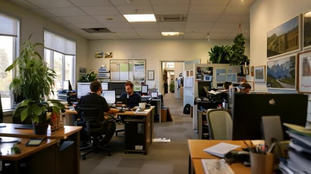 A bustling office space filled with engineering consultants working on various projects, their dedication and professionalism evident in their demeanor