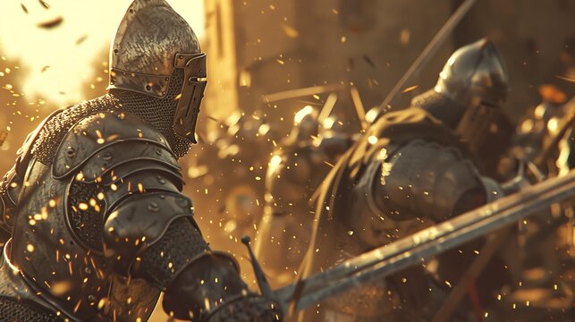 Epic medieval battle scene with armored knights, intense combat, and dramatic lighting, capturing the essence of historic warfare.