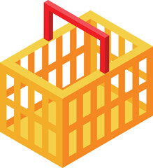 Yellow empty shopping basket with red handle isometric icon