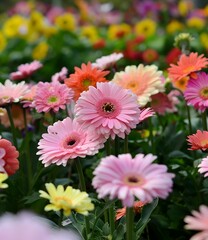 Obraz premium Close Up Pink Gerbera Daisy Flowers in a Garden