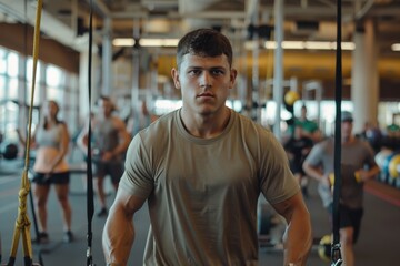 Obraz premium A fit man engages in a focused workout session using gym equipment, with others around him also dedicated to their fitness routines in a motivating gym atmosphere.