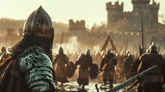 Medieval battle scene with knights in armor, swords drawn, and ancient castle fortress in the background, ready for epic confrontation.