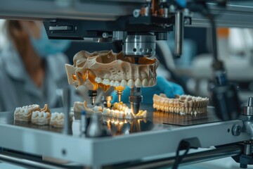 Obraz premium A detailed 3D printed skull and jaw model displayed prominently in a laboratory, signifying the intersection of medical knowledge and intricate 3D printing technology.