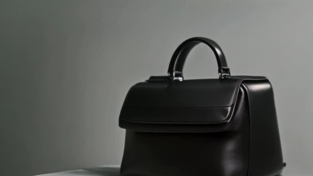 A black leather handbag, rectangular and elegant, appropriate for any occasion, conveying classicism and simplicity.