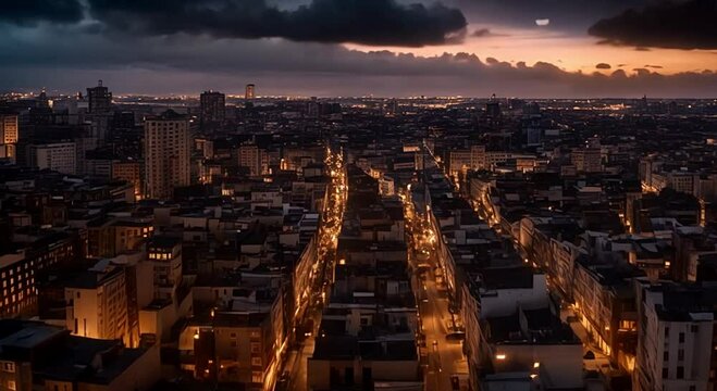Show a city at twilight, with the sky heavy with clouds and the streets empty. The buildings are detailed with Zentangle patterns, softly lit by a mysterious, sad light.