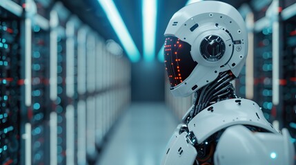 A futuristic robot operating in a data center, highlighting advanced AI technology and automation in a high-tech environment.