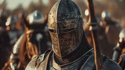 Medieval knight in full armor ready for battle, surrounded by fellow warriors and horses, depicting historical warfare and chivalry.