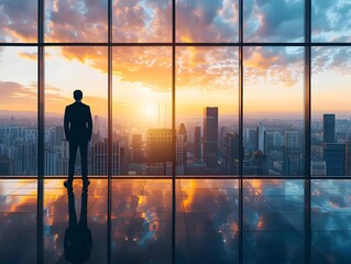 Fototapeta premium Business Executive Overlooking Futuristic City Skyline from Sleek Office Window