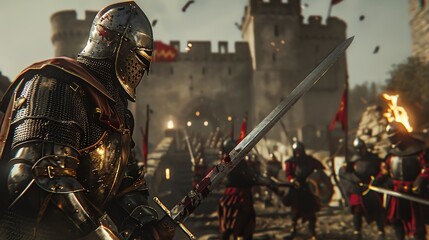 Medieval knights in battle outside castle gates, armed soldiers with swords and armor, dramatic historical reenactment scene.
