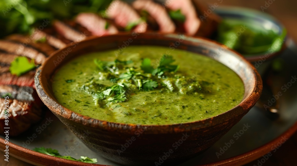 Poster Delicious Chimichurri Sauce in Wooden Bowl. Vibrant Green Herb Sauce for Steak and Meats. Food Styling. Rustic Food Photography. Perfect for Recipe Blogs and Culinary Websites. AI