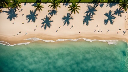 Beach with palm trees on the shore in the style of birds-eye-view. Turquoise and white plane view on beach aerial photography.