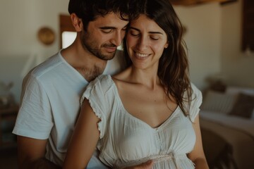 A loving couple embraces tenderly, the husband holding the pregnant woman's belly while they share a smile, capturing an intimate moment full of love and anticipation.