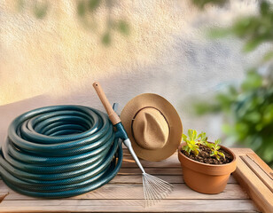 gardening tools in garden.a garden hose and gardener's tools set against a springtime backdrop with ample copy space for promotional products. The scene should reflect the rejuvenation and growth asso