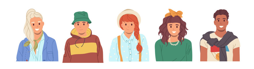 Portrait of young diverse people teenagers casual cartoon characters isolated on white background