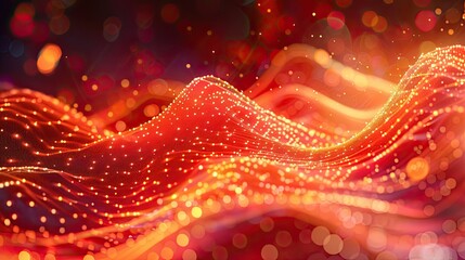 Abstract red and orange particle wave with glowing points and smooth gradients