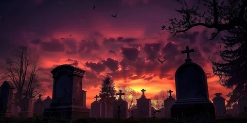 Obraz premium Silhouettes of Tombstones Against a Dramatic Sunset Sky