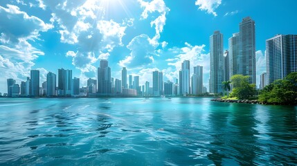 Fototapeta premium Captivating Coastal Skyline with Towering Skyscrapers and Scenic Waterfront