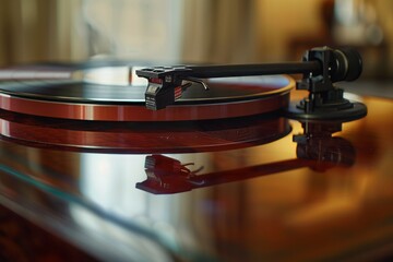 Obraz premium A detailed shot of a vintage vinyl record player spinning a classic album.