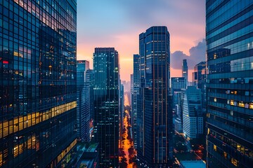 Serene Cityscape at Dawn with Towering Skyscrapers and Soft Light