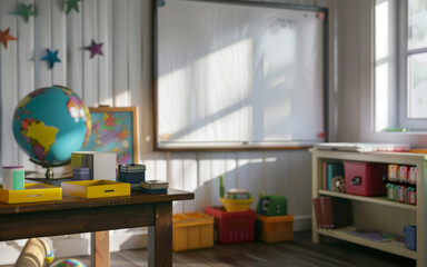 Teacher Desk with Neatly Organized Supplies and Globe