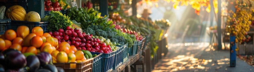 A serene scene of a farmers market stall filled with colorful fresh produce, with sunlight streaming through the canopy and creating playful shadows