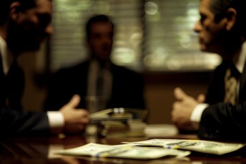 A group of corrupted politician or businessman having discussion. Receiving bribe from someone.