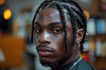 A man with intricately braided hair looks confidently at the camera, showcasing his unique style and self-assuredness, representing individuality and cultural expression.