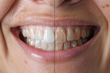 Fototapeta premium Side-by-side comparison of teeth before and after whitening treatment, showing the dramatic difference professional dental care can make in enhancing one's smile and overall appearance.