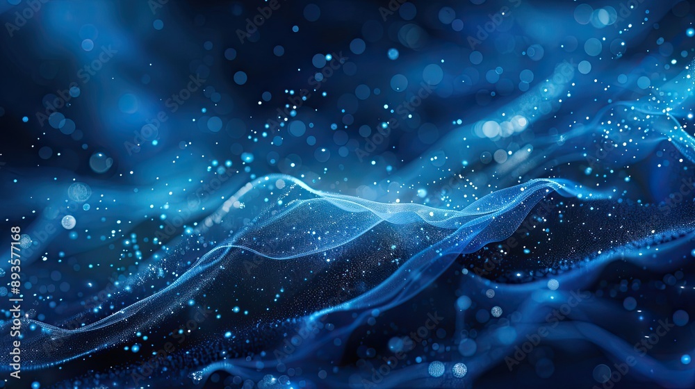 Wall mural serene background with deep blue gradients soft bokeh lights wave-like textures and glowing stars