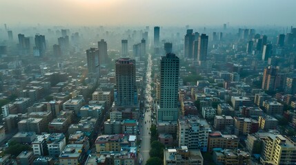 Obraz premium Bustling Aerial View of a Thriving Metropolis with Towering Skyscrapers and Busy City Streets