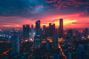 Fototapeta premium Vibrant Cityscape at Twilight with Soaring Skyscrapers and Colorful Sky