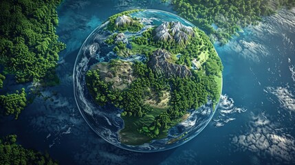 Fototapeta premium Earth as a flourishing garden, with continents made up of lush forests, mountains, and clean oceans, promoting conservation and respect for nature.