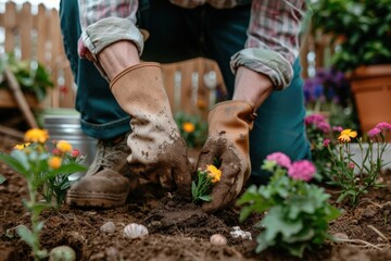 Naklejka premium A gardener wearing gloves is carefully planting yellow flowers into the soil. The garden around is vibrant and full of life, showcasing the art of gardening.