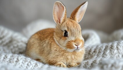 Adorable Brown Bunny Resting on a Knit Blanket