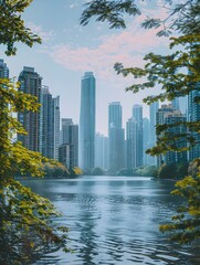 Obraz premium Serene Skyline Blending Urban and Natural Elements Along the Waterfront