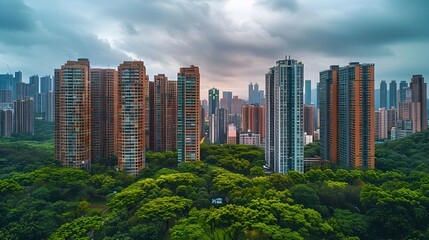 Obraz premium Panoramic View of a Vibrant and Towering City Skyline with Green Spaces