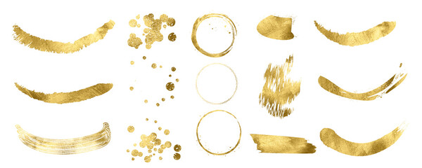 An abstract design element with a shiny gold glitter. The texture of gold. A set of golden confetti with gold dust. Gold background for illustration. A set of elements made of gold foil. Brush strokes
