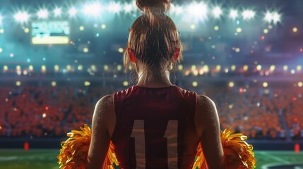 Cheerleader Backstage at Stadium with Pom Poms