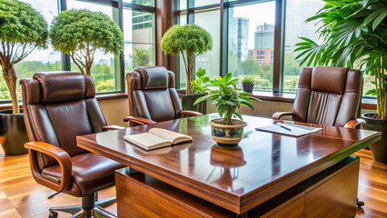 Asian-style office setting with polished wood desk, leather chairs, and potted plants, featuring a signed sales contract and documents, symbolizing business partnership and teamwork.