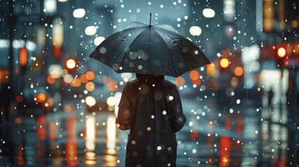 Person Walking in the Rain with Umbrella at Night