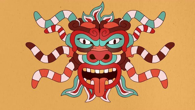 Vibrant Aztec mask adorned with intricate patterns and bold colors. The masks playful expression, featuring a tongue sticking. Looped Stylized animation