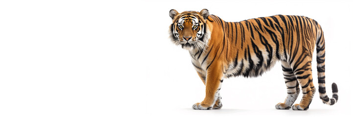 Obraz premium A tiger on a white background, an empty space for text.