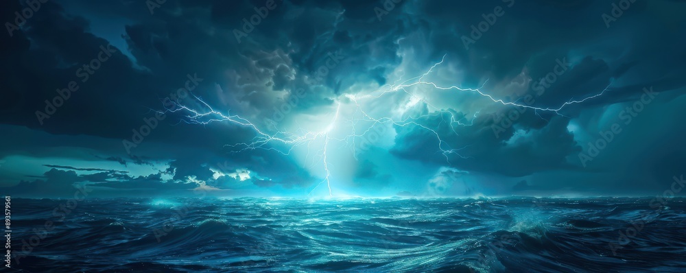 Canvas Prints a stormy ocean with a lightning bolt in the sky. free copy space for banner.