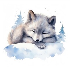 Naklejka premium Watercolor baby wolf sleeping animal cartoon mammal.