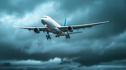 Obraz premium Flying commercial airplane taking off into moody sky, high up.