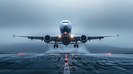 Passenger Airplane Taking Off from Wet Runway in Foggy Weather Dramatic Aviation Scene.
